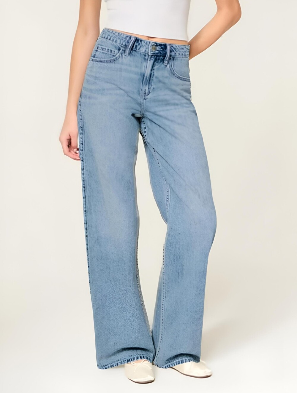 Hollister Womens 4 Long  Wide Leg High Rise Baggy Jeans Medium Wash 100% Cotton